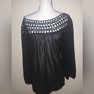 Umgee Black Crochet Detail Sheer Top SZ2XL